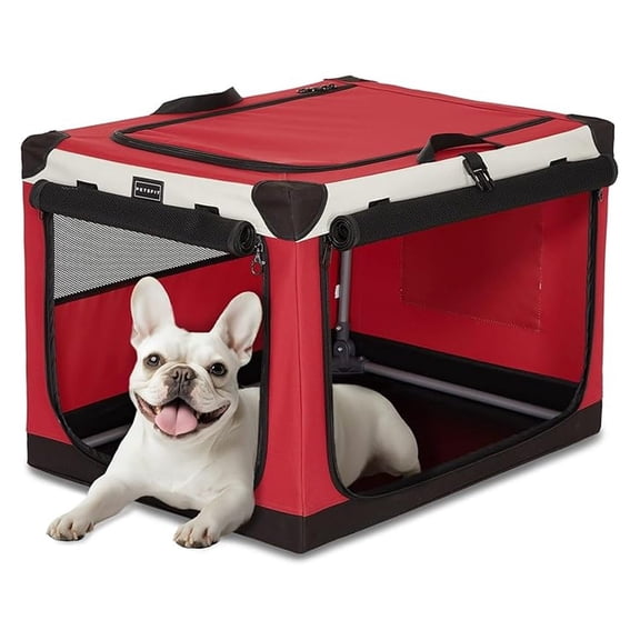26" Soft Portable Dog Crate – Patented Spiral Sturdy Frame, Collapsible Travel Kennel for Small Dogs, 3 Mesh Door, Lockable Zippers, Indoor & Car Use Red