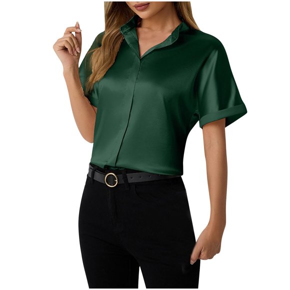 Yuzhih Silk Button down Shirts for Women Casual Work Satin Blouses Short Sleeve Collared V Neck Summer Tunic Tops