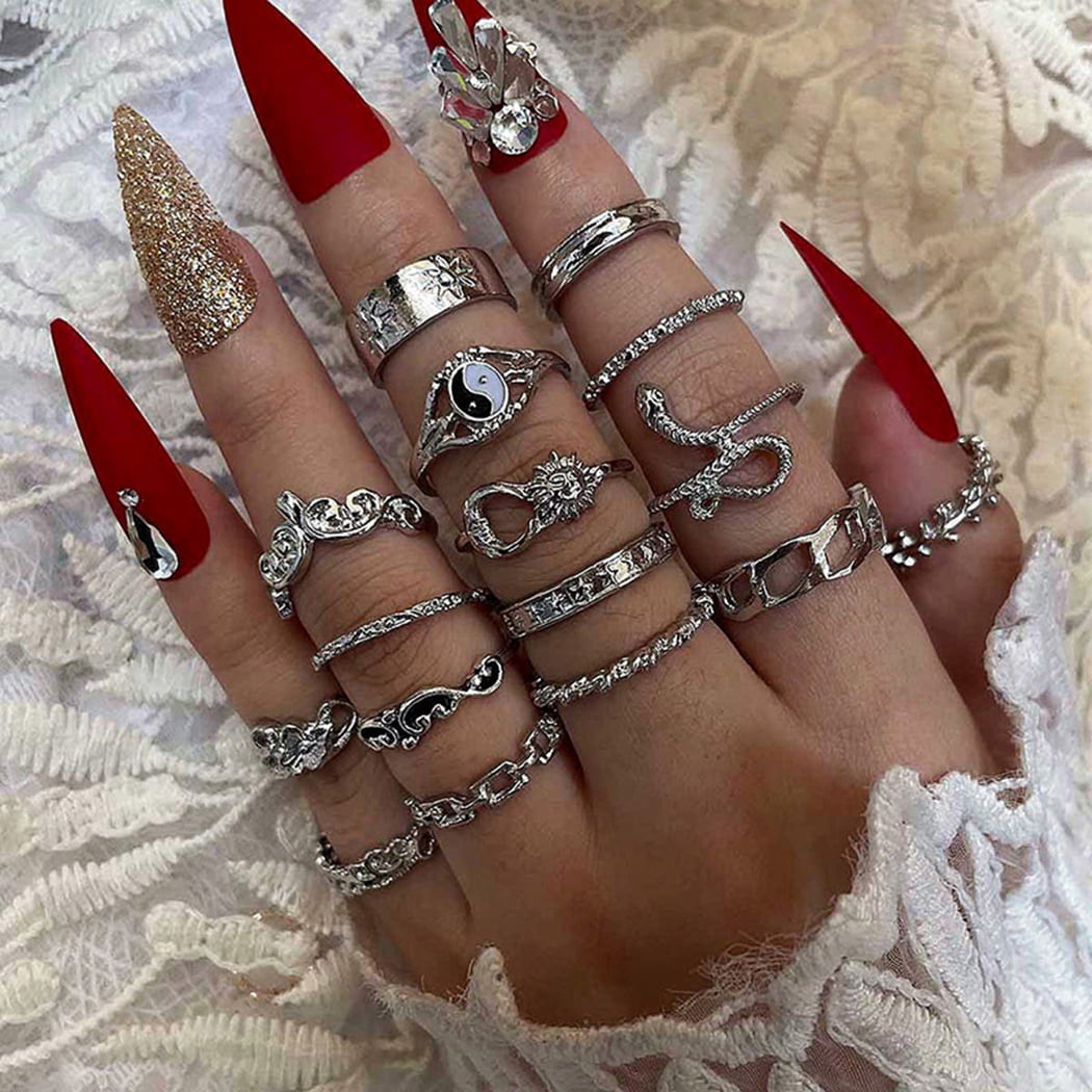 HUASAI Chain Rings for Women Punk Rings with Chains Open Finger Rings Set  Gothic Stackable Knuckle Midi Rings