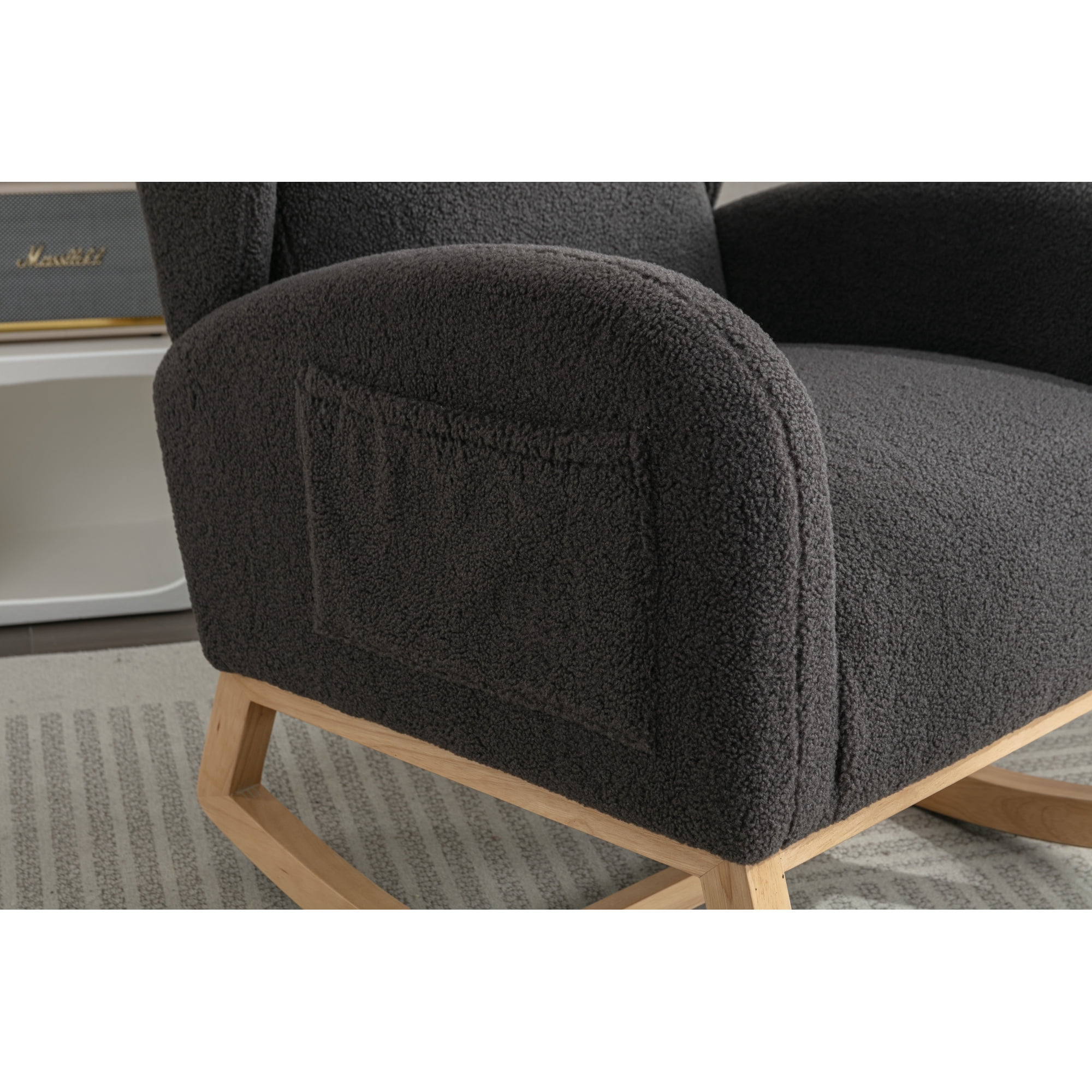 Rocking Chair Nursery,Teddy Fabric Uplostered Rocking Glider Chair with Side Pocket,Modern High Backrest Single Sofa for Living Room, Hotel, Bedroom, Baby Room,Dark Gray