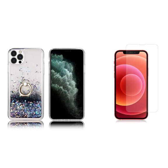 Waterfall Liquid Glitter Stand Case and Glass Screen Protector for iPhone 14 Pro Max - Black