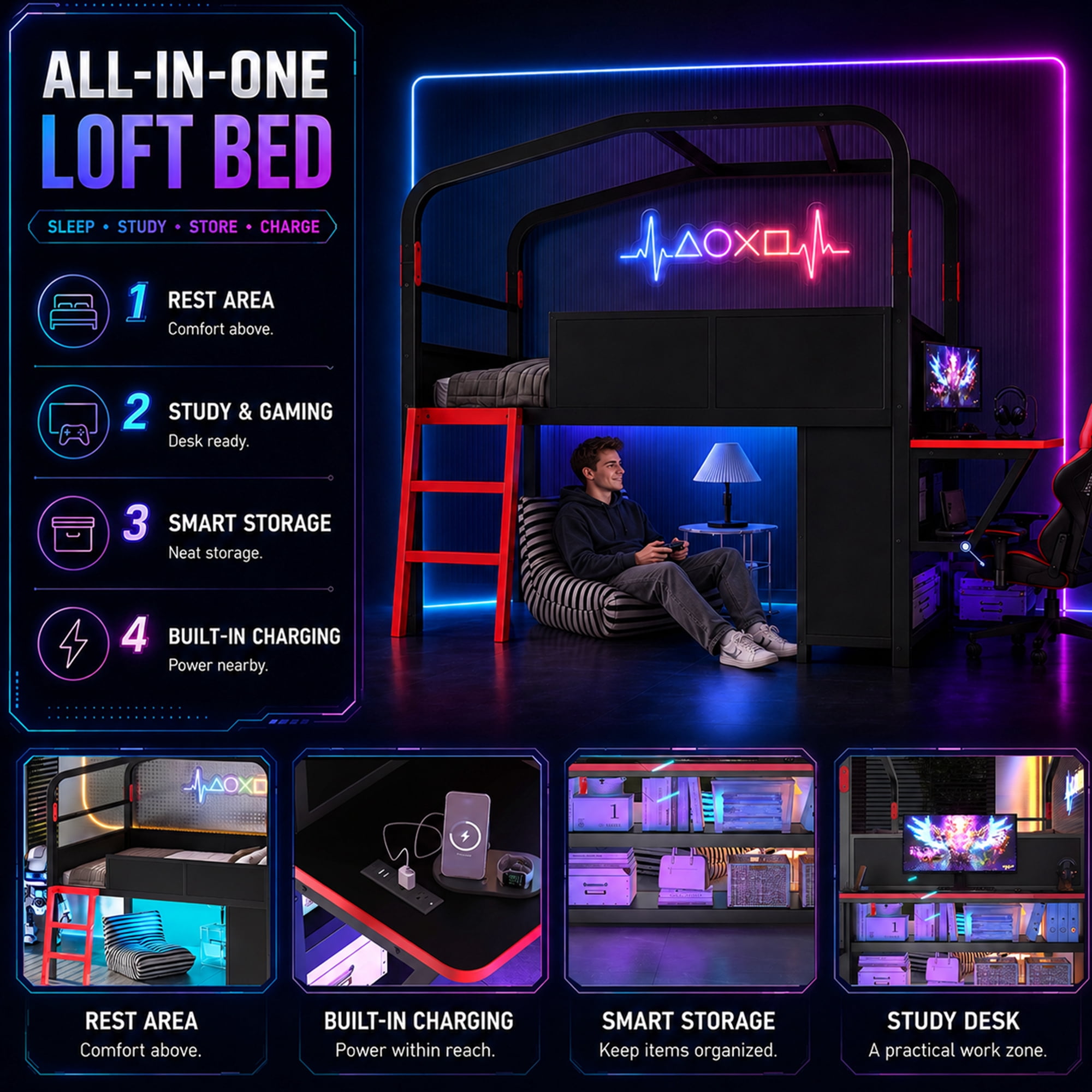 Leumius Full Size Low Loft Bed with Side Desk and Usb Ports, Gaming Style Metal Loft Bed with Led Lights, Storage Cabinets and Chic Canopy Design for Bedroom Guests Black