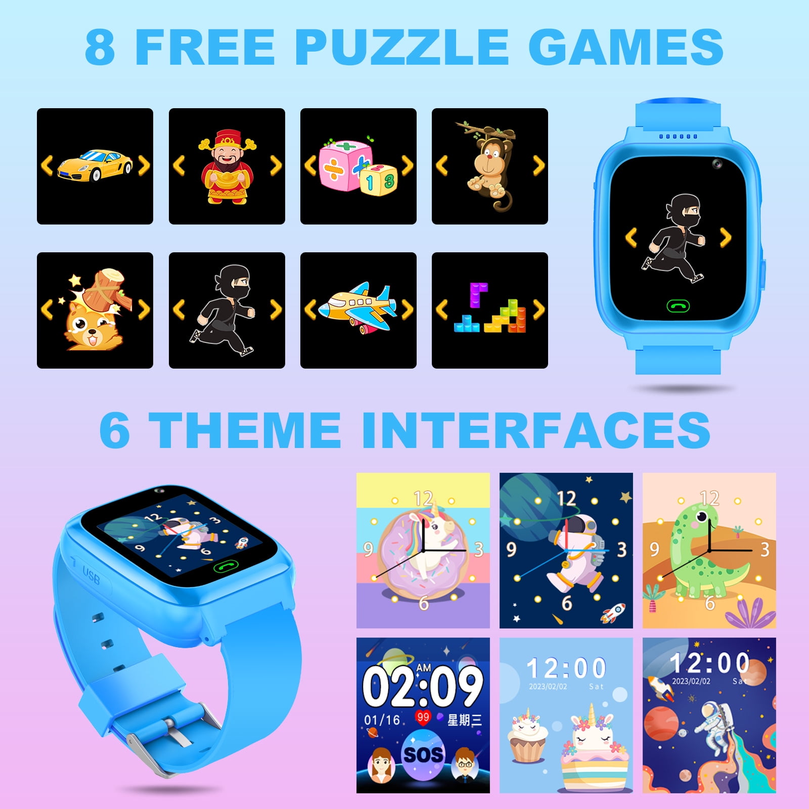 TOPCHANCES Kids Smart Watch for Boys Girls, Touch Screen Smartwatch with Call, 8 Games, Camera, Video, Calculator, Music Player (Blue)