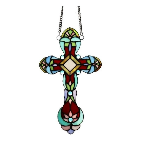 Chloe Lighting Cross Victorian Glass/Copper Window Panel in Multi-Color