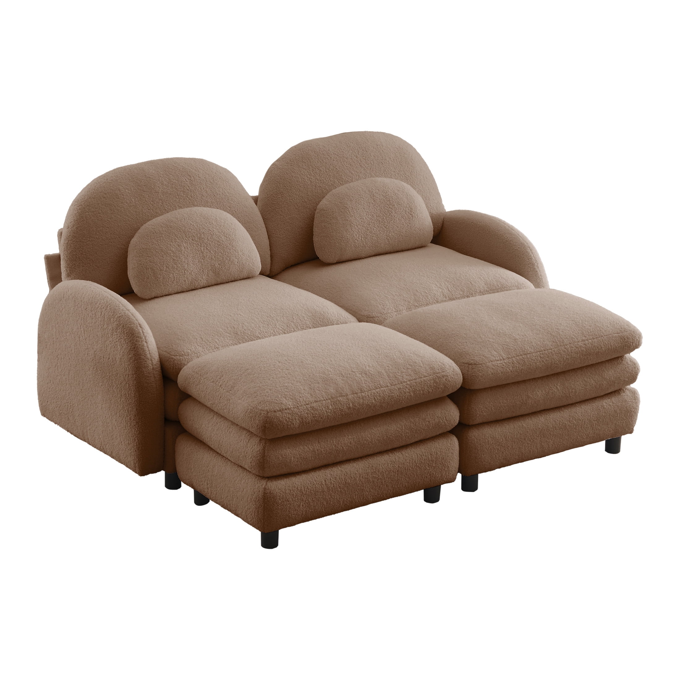Noble House Windsor Teddy Fabric 2-Seater Sectional Sofa, Modular Cloud Couch with 2 Ottomans and Lumbar Pillows, Camel