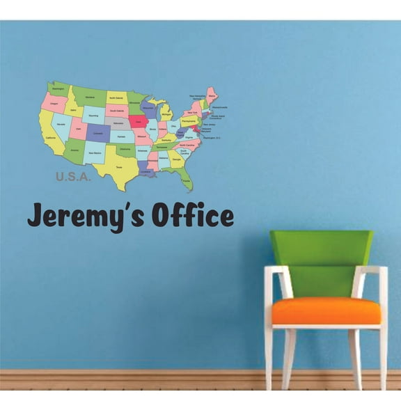 Colored American Map USA Cartoon Customized Wall Decal - Custom Vinyl Wall Art - Personalized Name - Baby Girls Boys Kids Bedroom Wall Decal Room Decor Wall Stickers Decoration Size (30x27 inch)