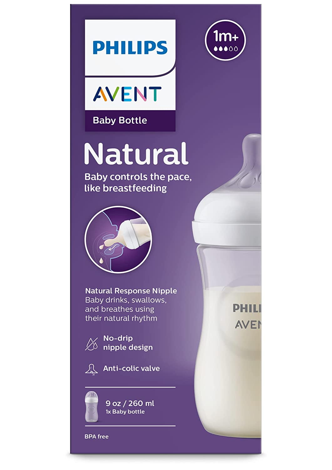  Philips AVENT Natural Baby Bottle with Natural Response  Nipple, Clear, 9oz, 4pk, SCY903/04 : Baby