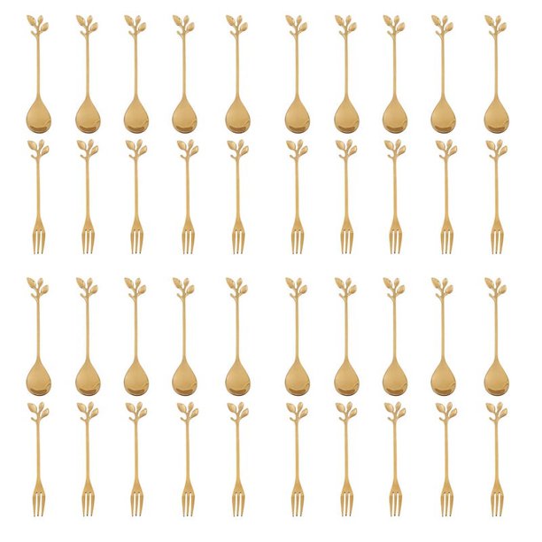 Juego de 20 cucharas y 20 tenedores de acero inoxidable con forma de hoja para café, pastel, tenedor, cucharas de postre, cucharilla para revolver, color dorado