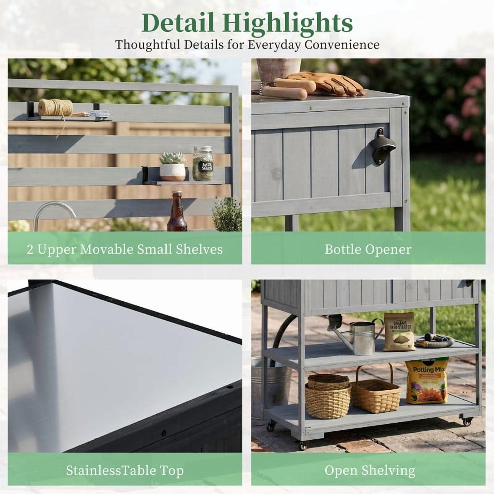 4-Piece Outdoor Kitchen Island Set, BBQ Rolling Grill Table with Sink, Versatile Backyard Storage Serving Cart with Potting Bench