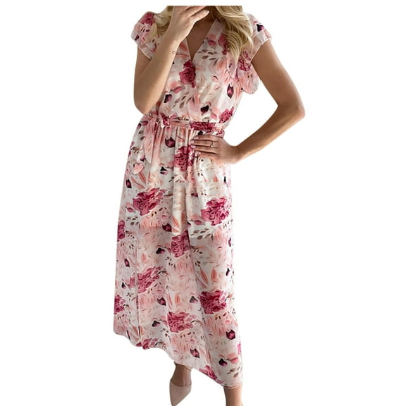 Lilgiuy Women's Summer Casual V Neck Printing Ruffles Short Sleeve Lacing Dress Pink,12 2022 Fall Winter