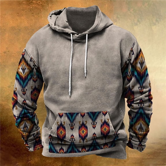 Blczomt Mens Sweatshirts Western Hoodie Pullover Gray Graphic Aztec Winter Mens Clothing