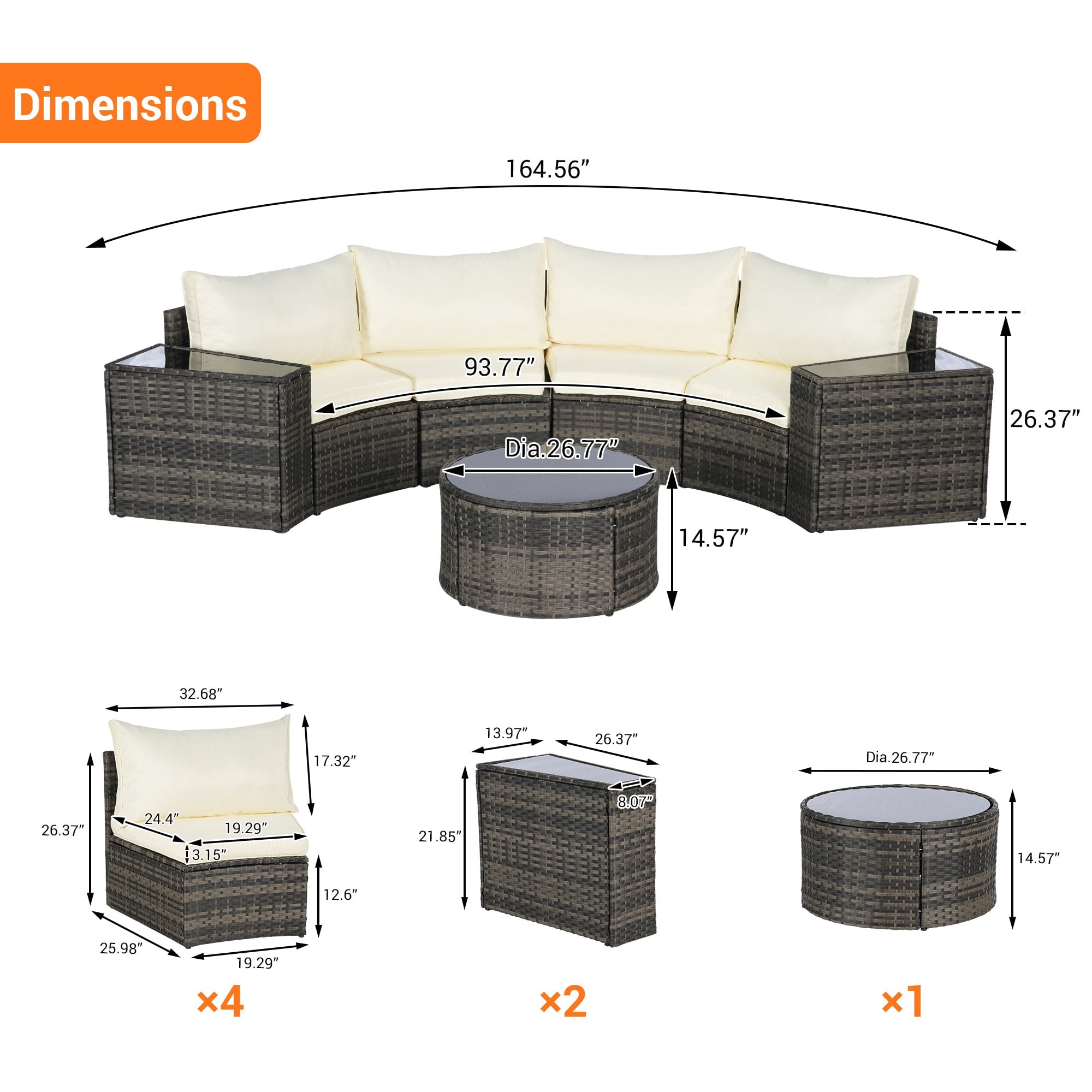 7-Piece Outdoor Patio Furniture Half-Moon Sectional Round Patio Furniture Set Sofa with Tempered Glass Round Coffee Table (Beige)