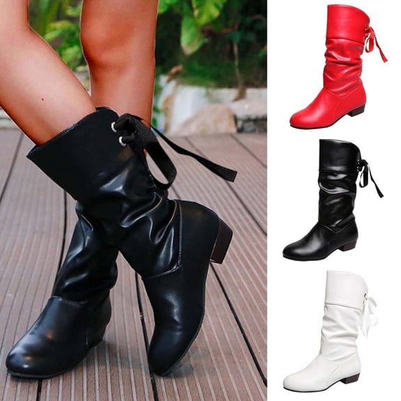 FRSASU Women's Faux Leather Slouch Mid‑Calf Boots Ruched Shaft Back Lace‑Up Tie Detail Round Toe Low Block Heel Pull‑On Casual Mid Boots White