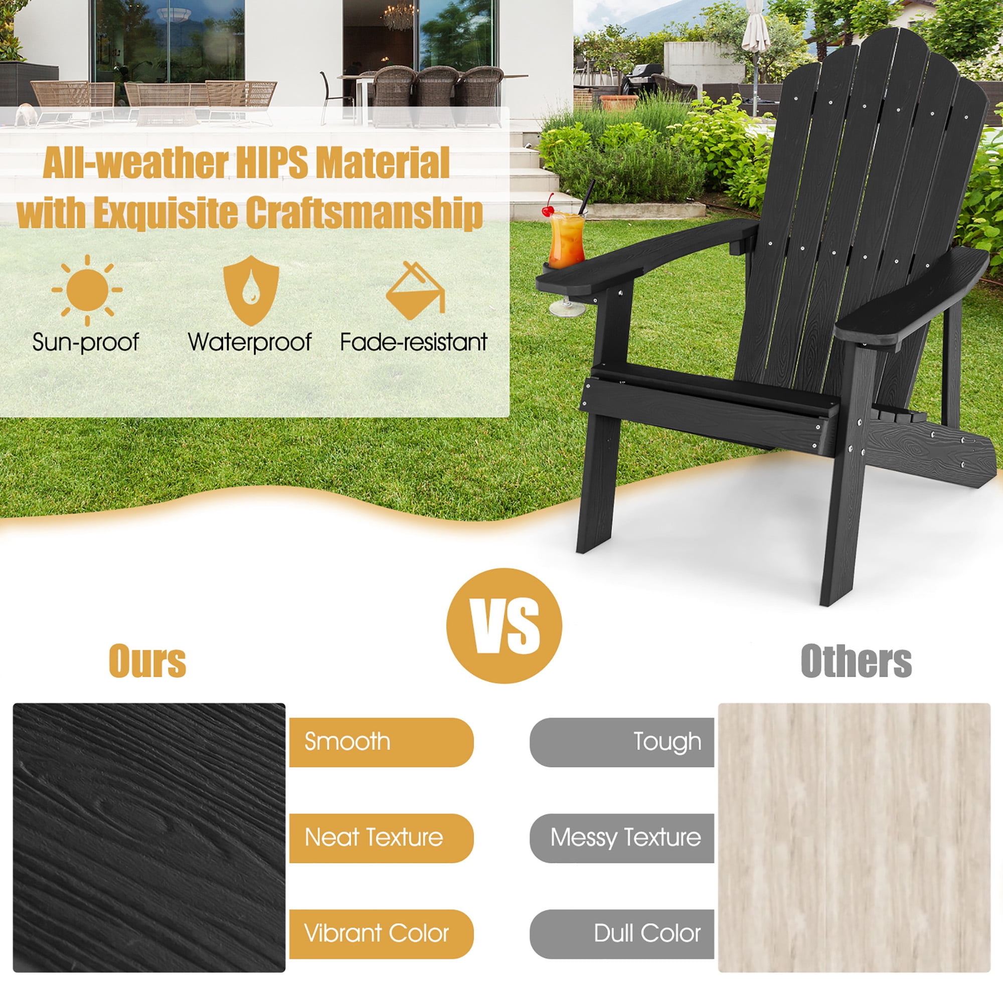 Costway Patio HIPS Adirondack Chair with Cup Holder Weather Resistant Outdoor 380 LBS Black