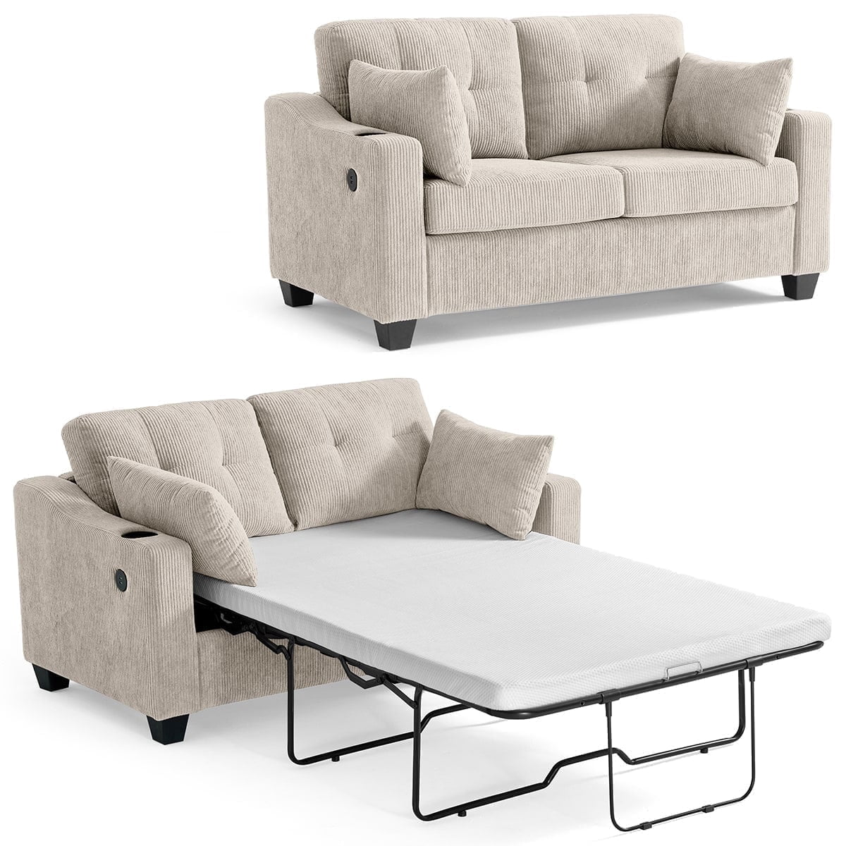 CHIC HOUSE Pull Out Sofa Bed Couch Full Size with Mattress USB, Convertible Sleeper Sofa Loveseat for Small Spaces RV, Corduroy Pull Out Couch Bed for Living Room with Cup Holders LED Lights, Beige