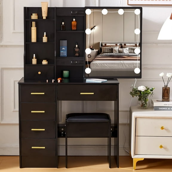 Yamissi Makeup Vanity Table with 3 Color Lights, Vanity Desk Set with Sliding Mirror, 6 Drawers Dressing Table, Black
