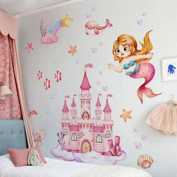 Children's room stickers, pink castle stickers, mermaid wall stickers, fish stickers Peel and Stick Wall Art Decals for Kids Bedroom Baby Nursery