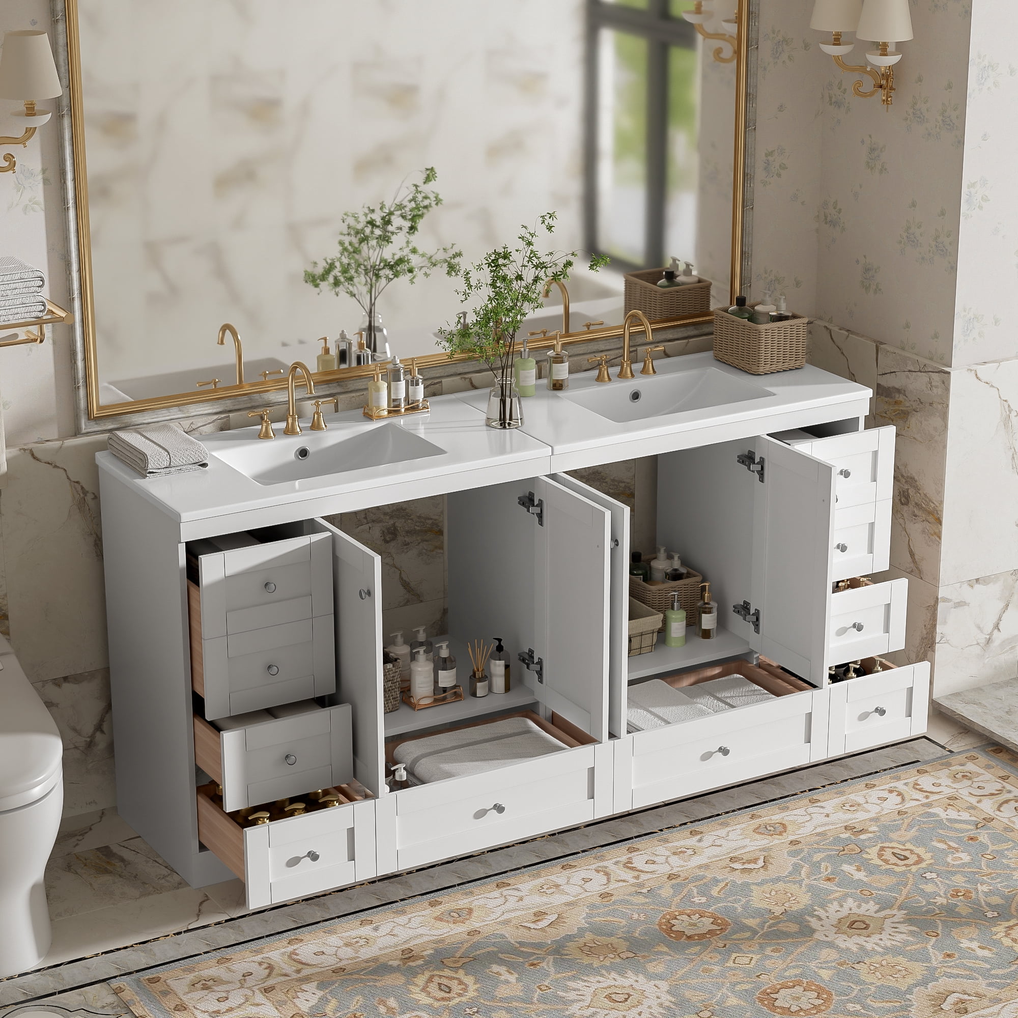 Harper & Bright Designs 72" Bathroom Vanity Set with Double Sink, Vanity Cabinet with 4 Doors and 8 Drawers, Wood Bathroom Cabinet with Ceramic Basin for Bathroom, White