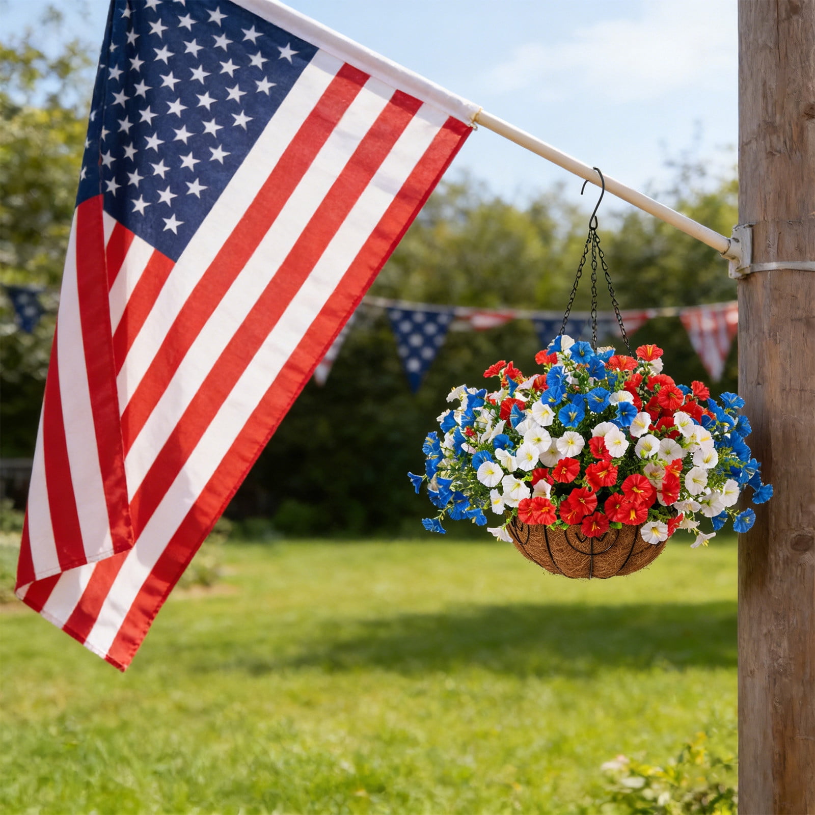 UV Resistant Artificial Flowers, Patriotic Red White Blue Faux Flowers, Outdoor Hanging Basket Decor for Porch Patio, Summer Decoration