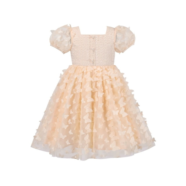 Robe Fille 3D Papillon Beige Cœur Dentelle Haut Col Carré Manches Courtes 6 Ans