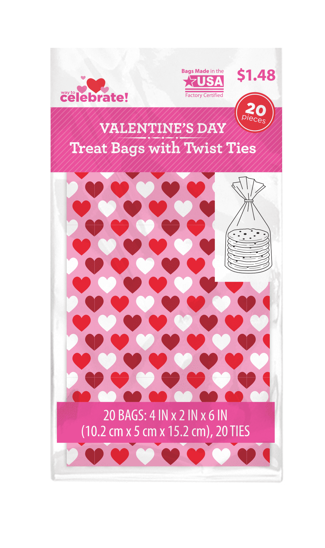 WAY TO CELEBRATE! Way to Celebrate 20ct Cello Valentines Mini Treat Bags 4"x6" with 20 White Twist Ties- Sweethearts