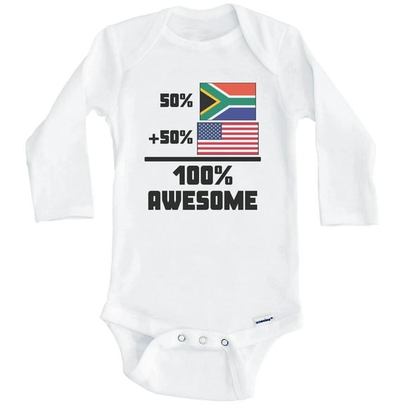 50% South African 50% American 100% Awesome Funny Flag One Piece Baby Bodysuit (Long Sleeve), 0-3 Months White