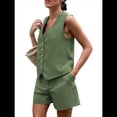 thumbnail image 2 of Conjuntos de Verano de 2 Piezas para Mujer, Sin Mangas, con Cuello en V, Abotonado, Chaleco y Pantalones Cortos con Bolsillos. Verde S, 2 of 9