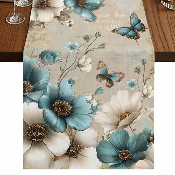 Table Runners 36 Inches Long Dress Scarves, Teal Tulip Butterfly Farmhouse Kitchen/Dining Table Runner, Short Coffee Tablerunners, Beige Turquoise Floral Vintage Rustic 13x36 Inch