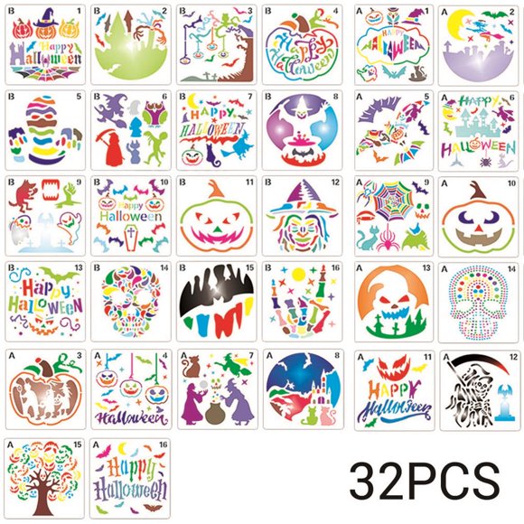 Langgg 32 Pcs Halloween Plastic Painting Stencils Reusable Halloween Pumpkin Templates Craft for Cards DIY Card Art Drawing Painting