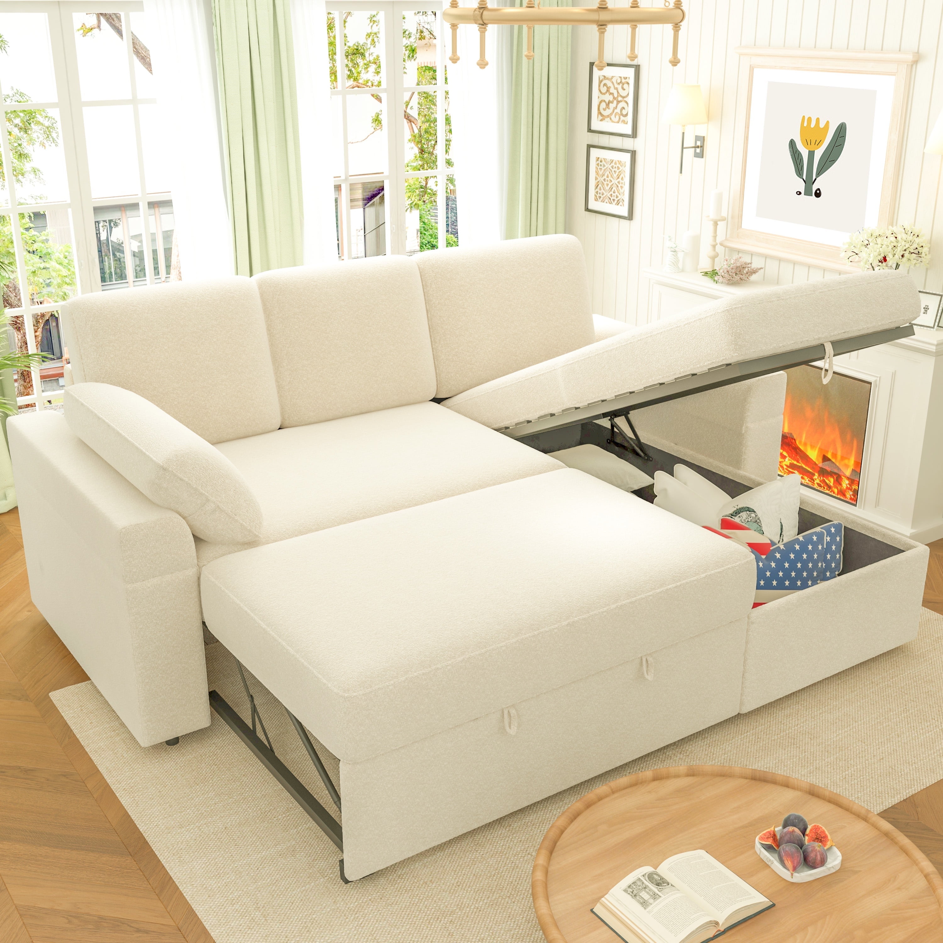 VANACC 91" Sectional Sofa with Storage and 3 Seat,Reversible Pull Out Couch for Living Room,Beige