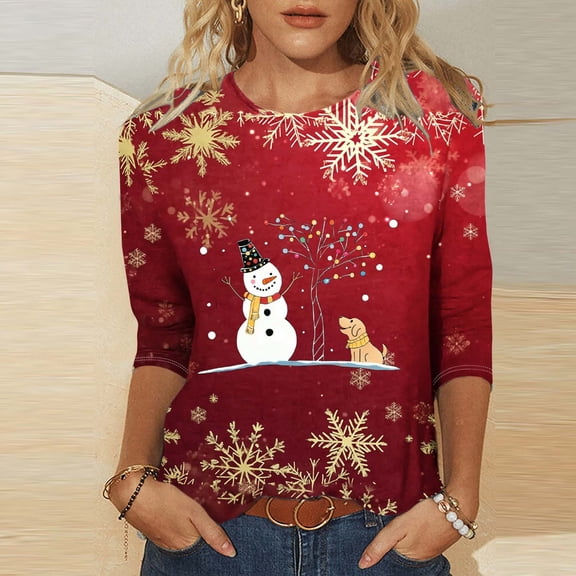 Wowcloth Woman's Cotton T-shirt, Round Neck with Christmas Print, Casual Comfort for Daily Wear and Holiday Events