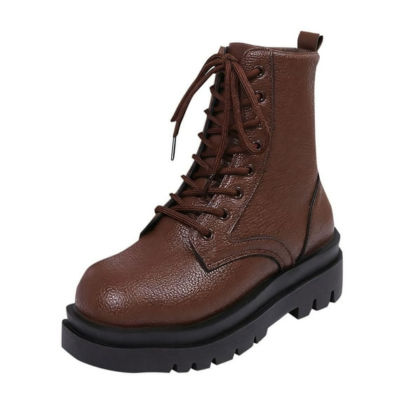 Brown Women Fashionable Boots Round Toe Front Lace Up Thick Heel Comfortable For Indoor And Outdoor Scenes