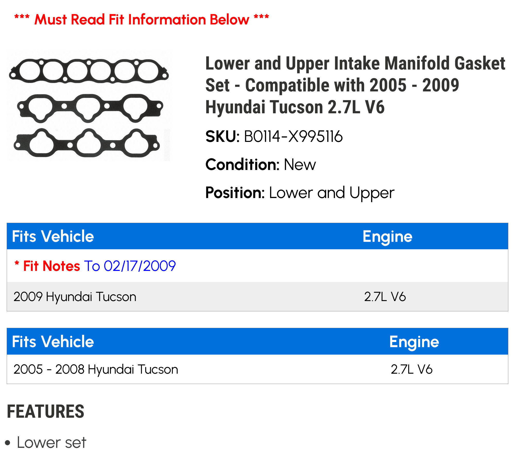 Lower and Upper Intake Manifold Gasket Set - Compatible with 2005 - 2009 Hyundai Tucson 2.7L V6 2006 2007 2008