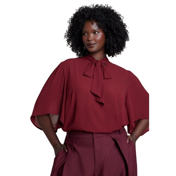 ELOQUII Women's Plus Size Bow Blouse With Flutter Sleeve