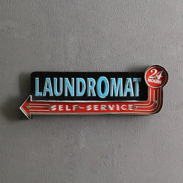 Vintage LED Light Metal Hanging Sign LAUNDROMAT Laundry Shop Art Wall