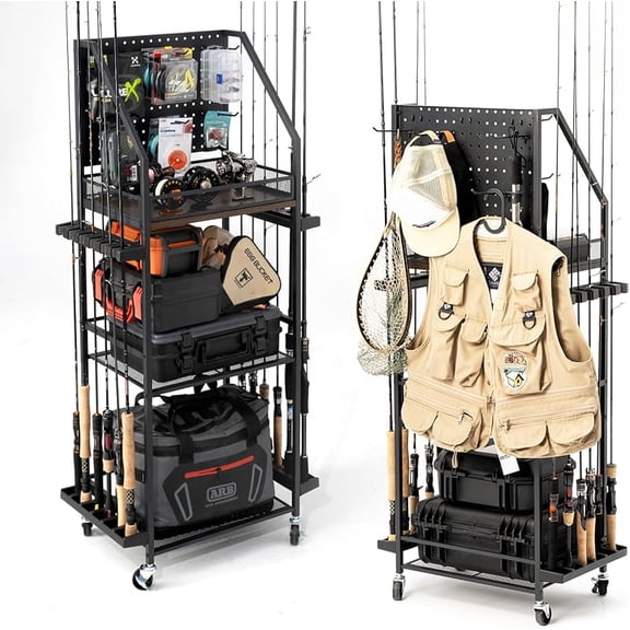 Fishing Rod Holders for Garage, Fishing Pole Holders Up to 12 Rods with Pegboard and Hooks,Rolling Fishing Cart with Wheels, Fishing Gear Storage For Tackle Box & Reel Organization
