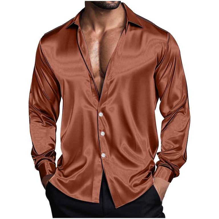 rose gold dress shirt Rose Golden Solid Satin Men's Long Sleeve Dress Shirt, S main image 1