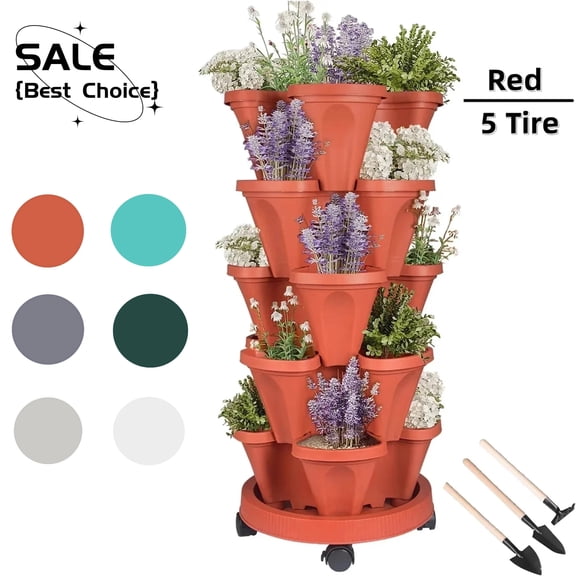 5 Tier Vertical Garden Stackable Planter with Wheels and Tools for Vegetables, Flowers, Herbs, Strawberries, Indoor & Outdoor