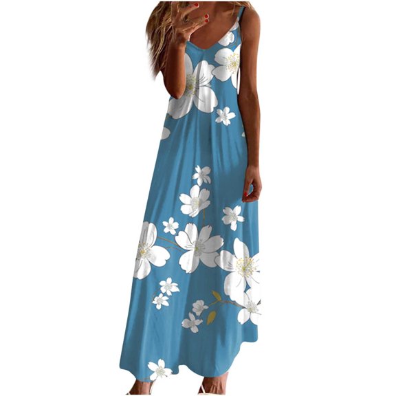 YuXingFu Teen Dresses Maxi V-Neck Plus Size Womens Dress Sleeveless Floral Long Casual Summer Light Blue S