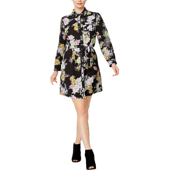 maison Jules Womens Floral-Print Shirt Dress, Black, Large