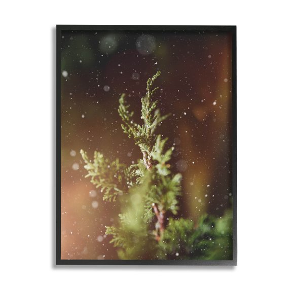 Winter Snowfall Night Pine Tree Holiday Photograph Black Framed Art Print Wall Art
