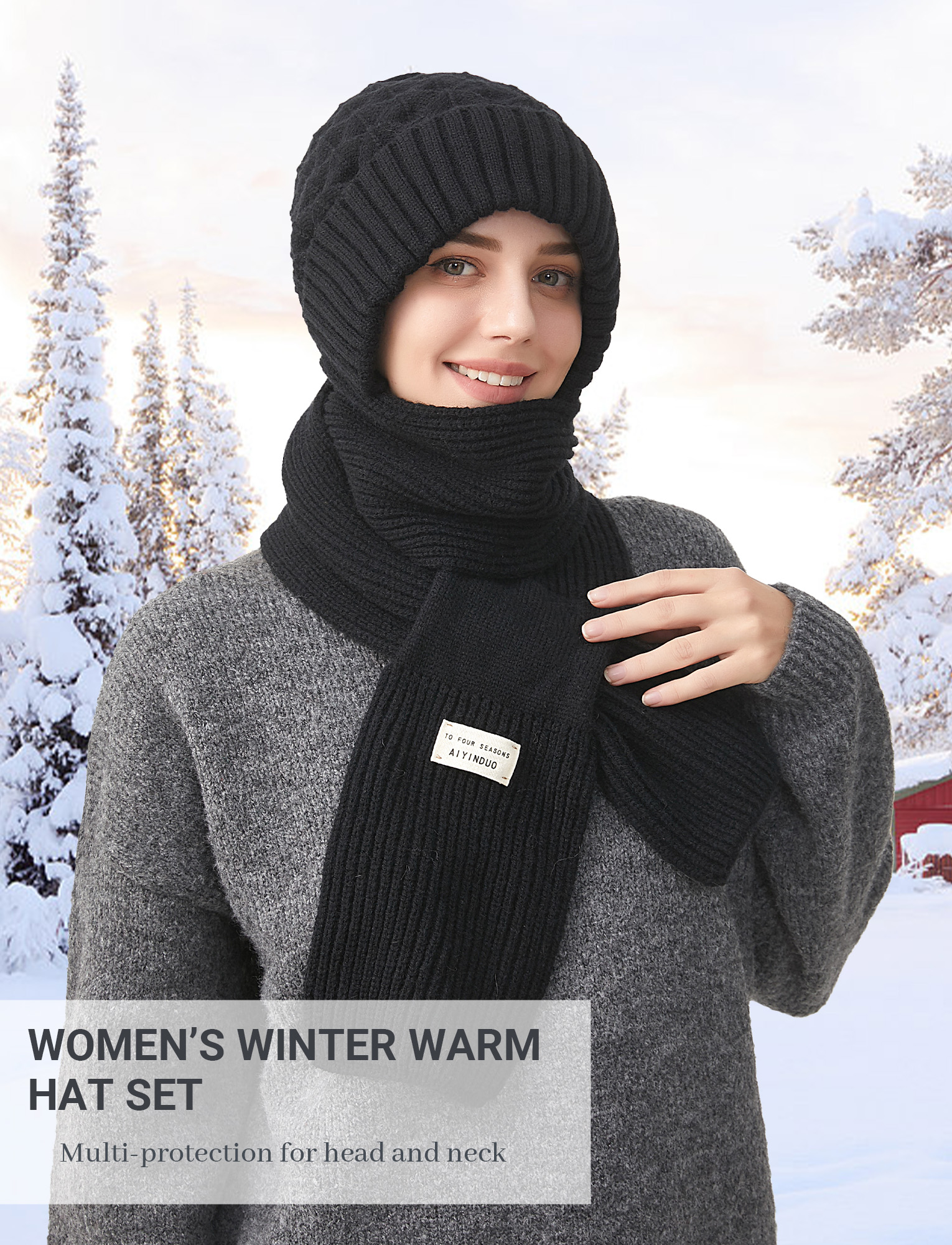 FEOYA Women Balaclava Hood Scarf Hat Winter Beanie Hats Scarf One Piece Integrated Ear Protection Windproof Cap Scarf Warm Fleece Knitted Ski Scarf Hat Black