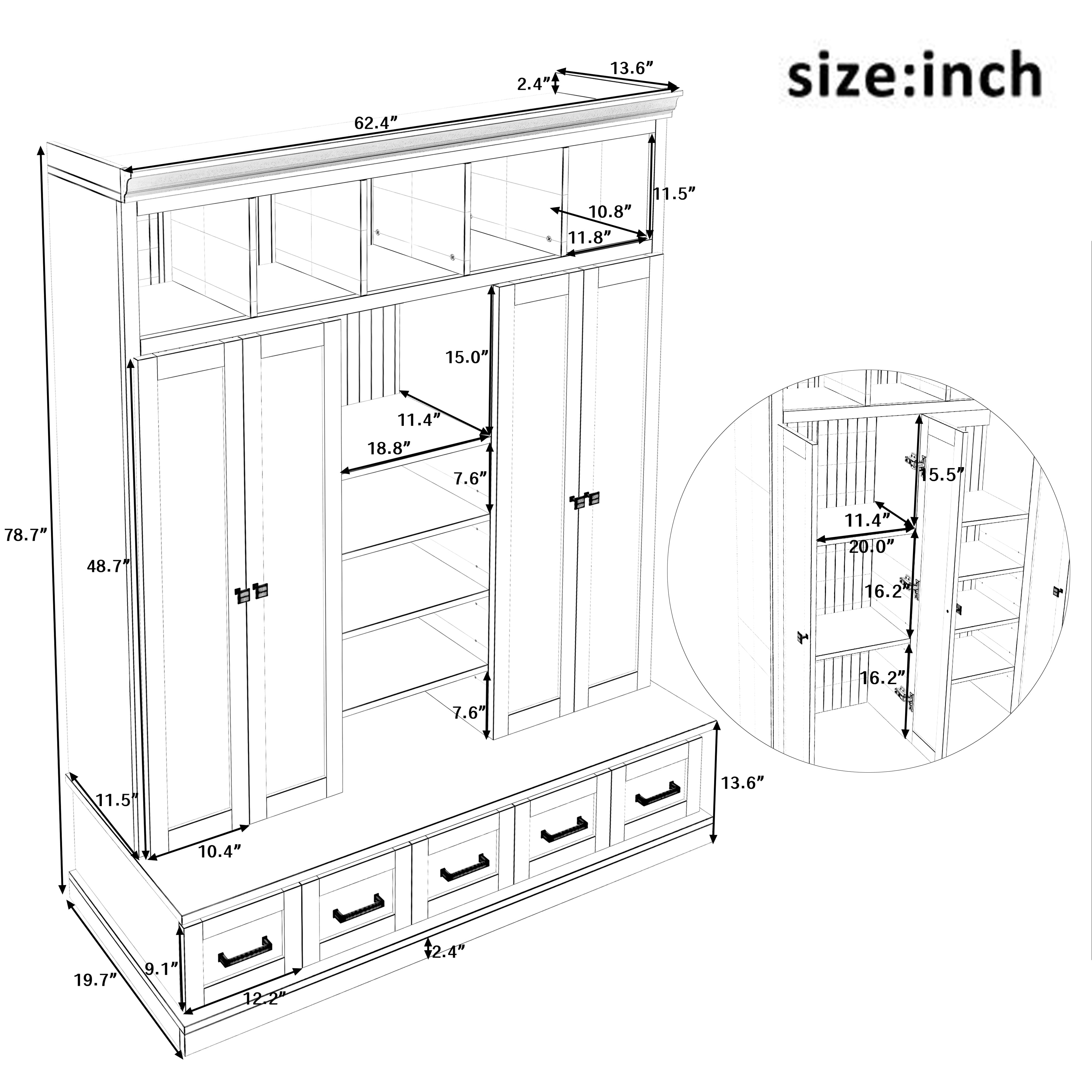 78.7''H Entryway Hall Tree with Drawers, Living Room Storage Bench with Cubbies & Adjustable Shelves, Storage Cabinet for Entryway