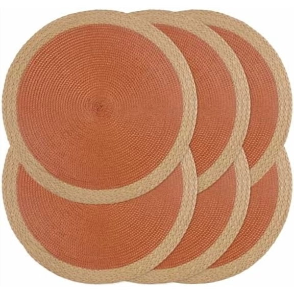 Round Placemats Set of 6, 15 Inch Braided Hand Woven Table Mats, Heat Resistant Non-Slip Wipeable Wide Edge Place Mats for Kitchen Dining Indoor Outdoor Use(Dark Orange, 6)