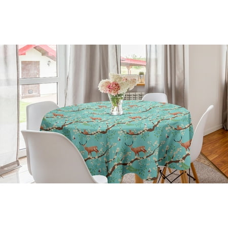 

Forest Round Tablecloth Animal Bird Sika Deer Japanese Style Pattern Sakura Blossoms Garden Artwork Circle Table Cloth Cover for Dining Room Kitchen Decor 60 Seafoam and Umber by Ambesonne