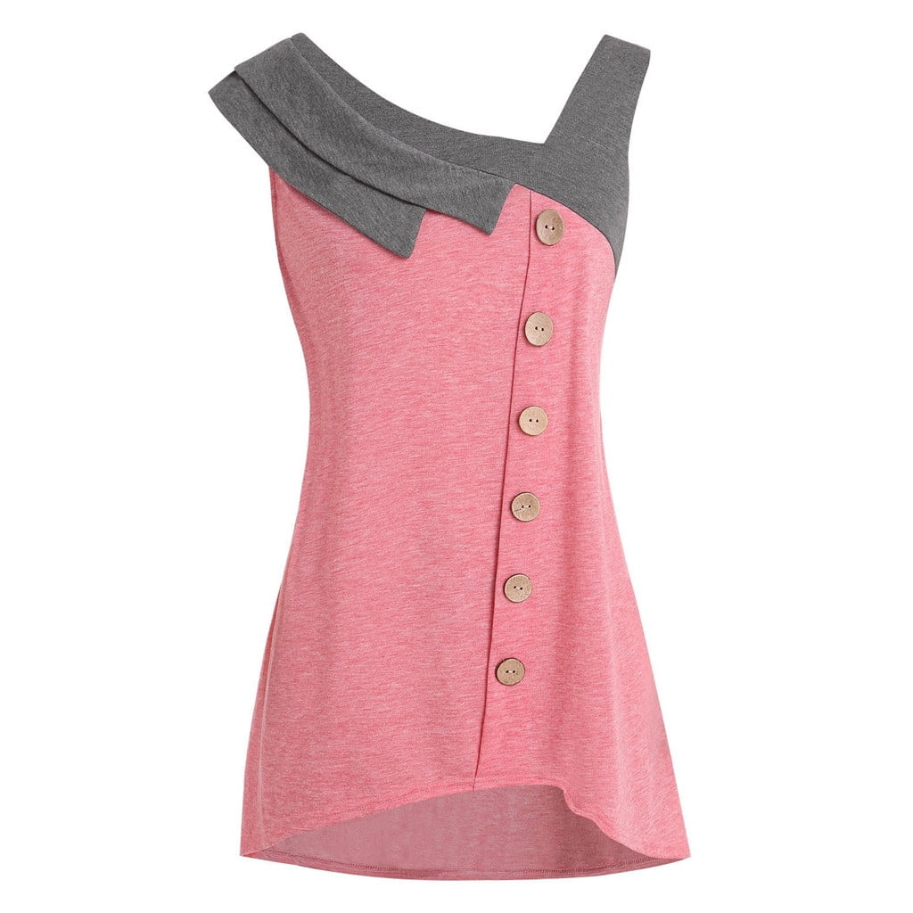 Fashion Plus Size Skew Neck Asymmetric Tank Top Sleeveless Button T-Shirt Shirts Tops Blouses for Women