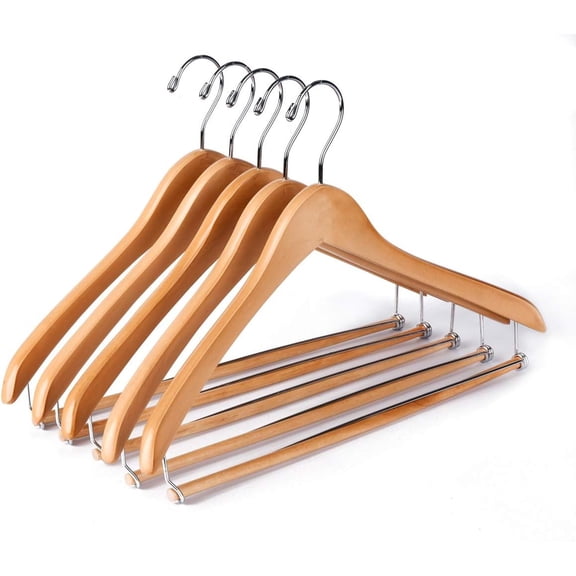 Wooden Hangers Beautiful Sturdy Suit Coat Hangers with Locking Bar Glossy Natural Wood (5)
