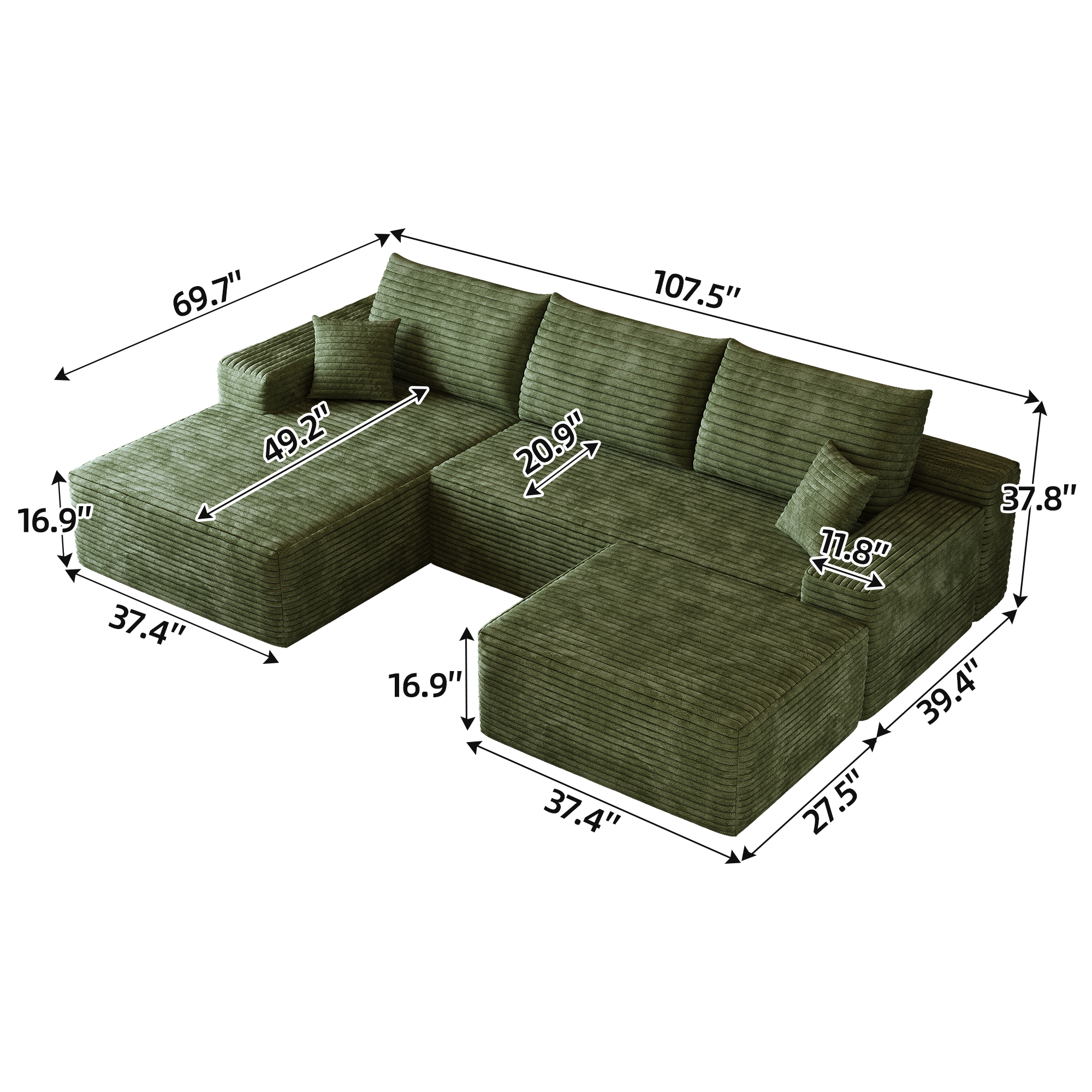 MAYEERTY 107" Cloud Sectional Sofa Green Plush Corduroy with Ottoman Deep Seat No Assembly Living Room