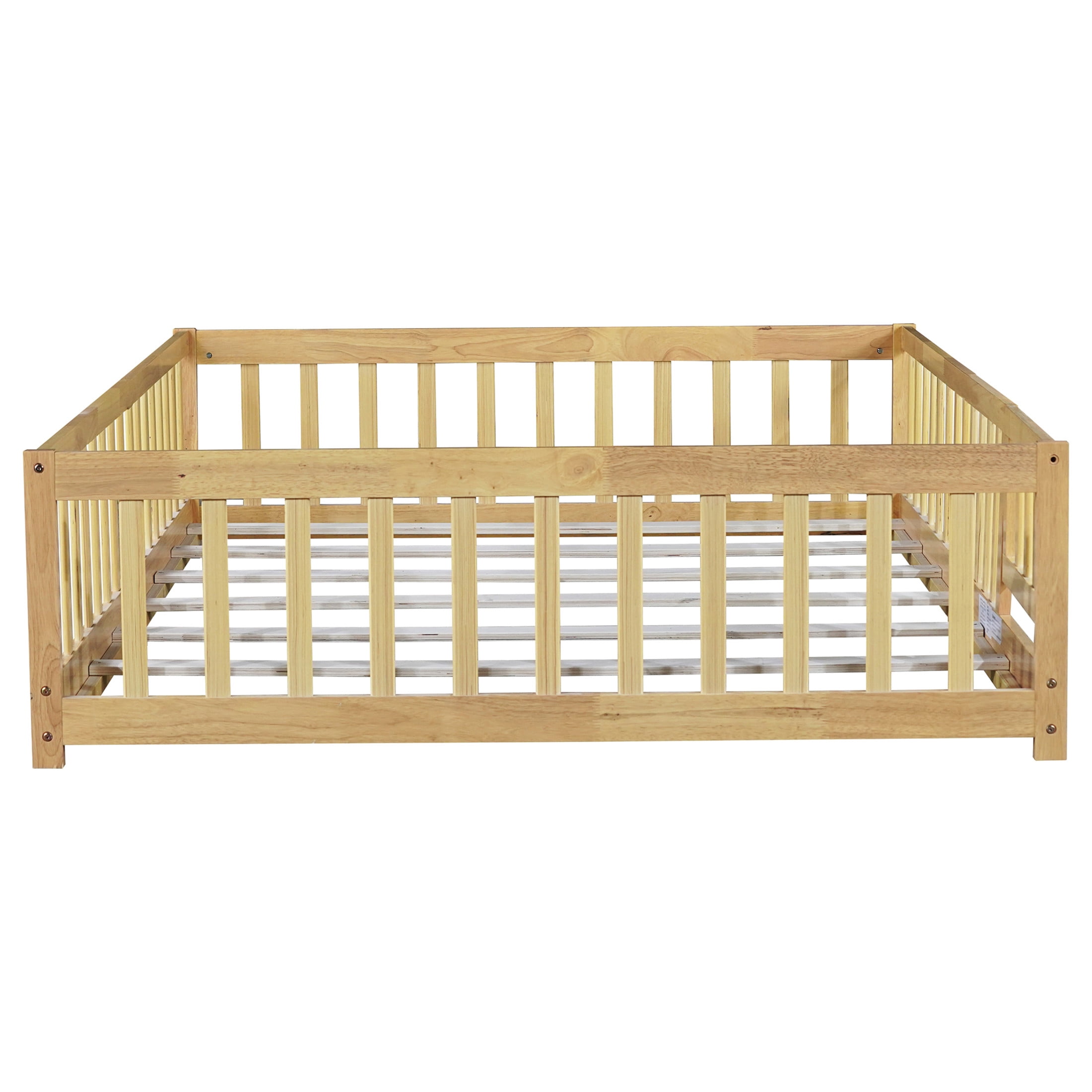 Noble House Mira Full Floor Bed with Fence and Door, Sturdy Rubber Wood Montessori Bed Frame, Kid's Room, Natural