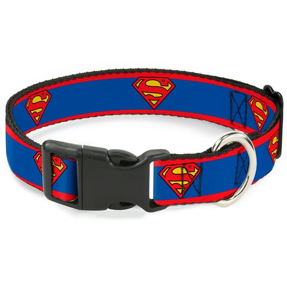 DC Comics Pet Collar, Dog Collar Plastic Buckle, Superman Shield Stripe Red Blue, 7 to 8.5 Inches 0.5 Inch Wide